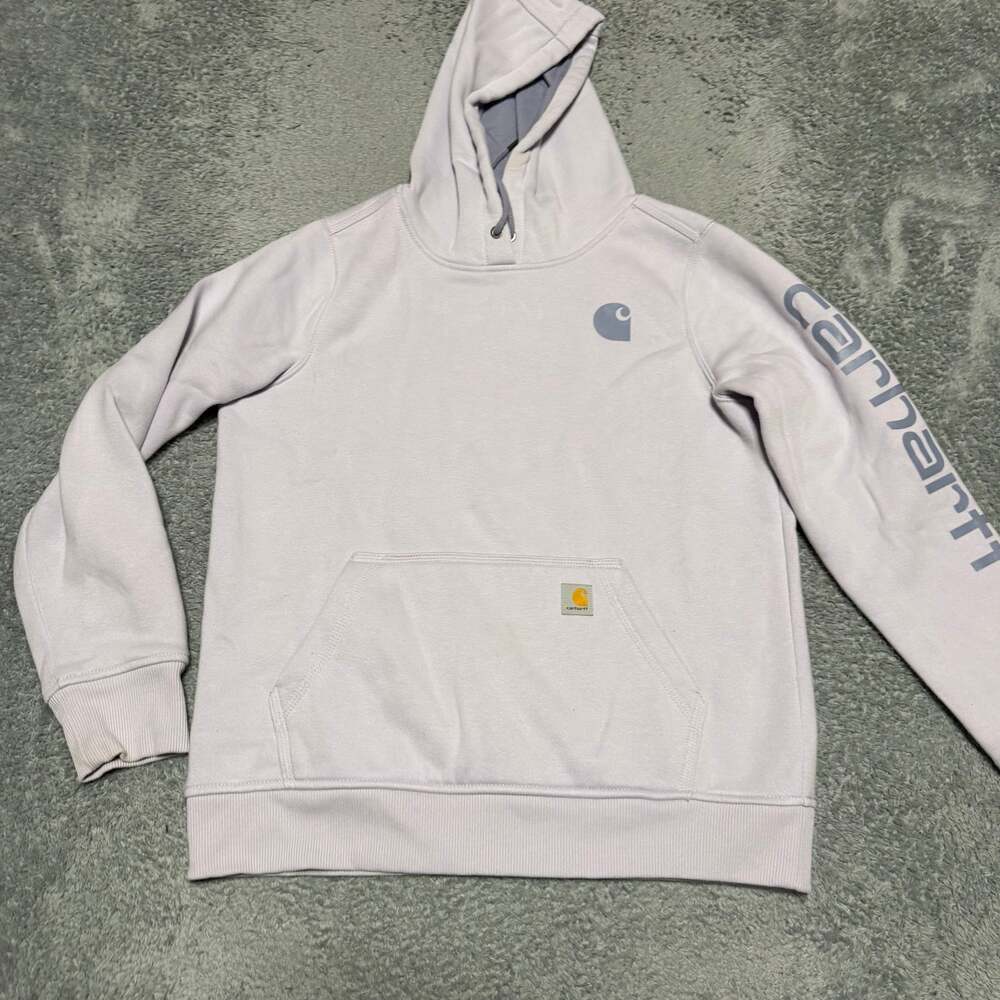 Carhartt Hoodie Womens Medium Relaxed Purple Workwear Arm Graphic Sweatshirt